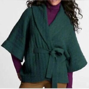 Lands End Sweater Jacket Quilted Lambs Wool Blend Women L-XL Green Belted Cozy
